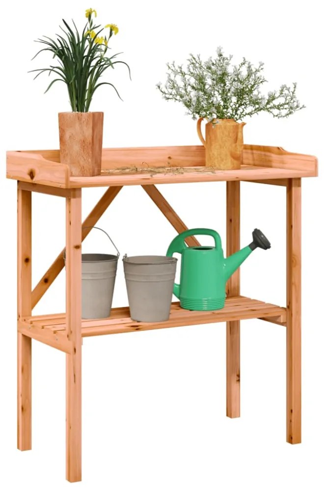 barna tömör fenyőfa növénytartó asztal polccal 78x38x82,5 cm