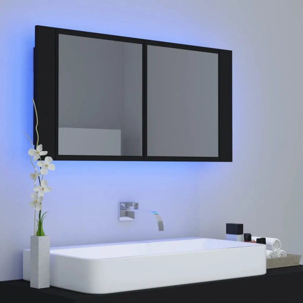 fekete akril LED-es fürdőszobaszekrény tükörrel 90x12x45 cm