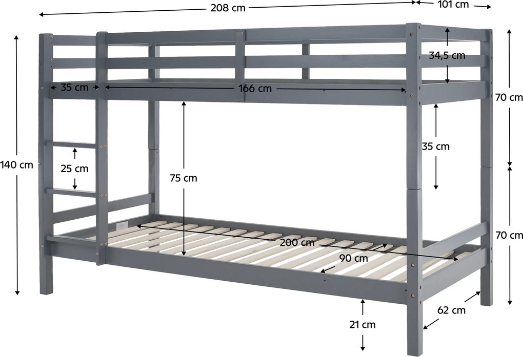 Emeletes ágy, 90x200, tömör fa, szürke, INEZA