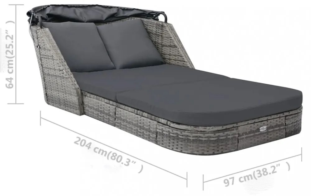 antracitszürke polyrattan napozóágy napellenzővel