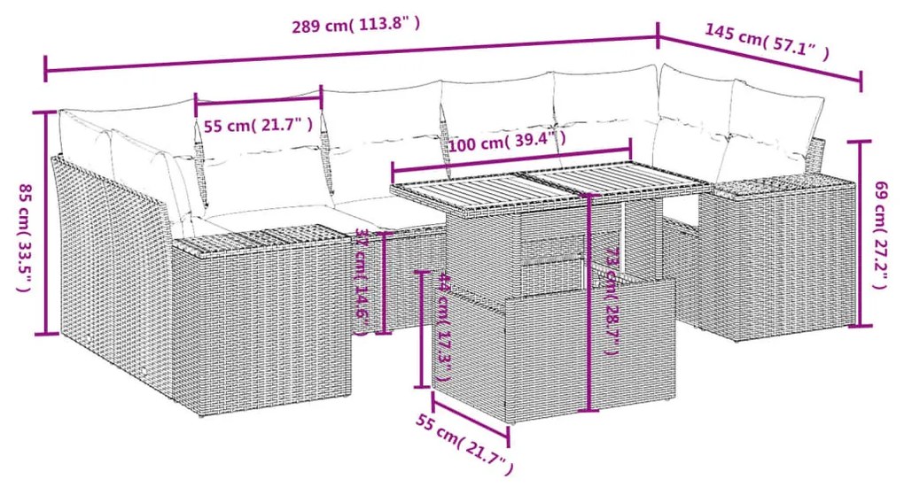 8-részes szürke polyrattan kerti ülőgarnitúra párnákkal