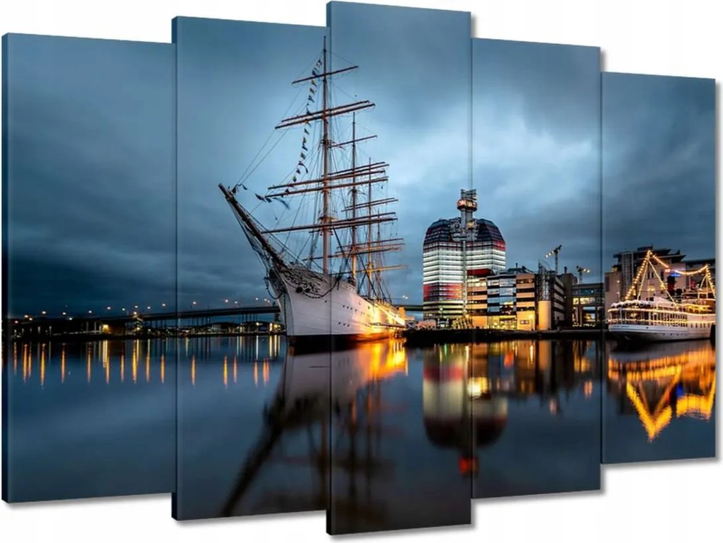 Vászonkép 70x50 Vitorláshajó a kikötőben éjszaka