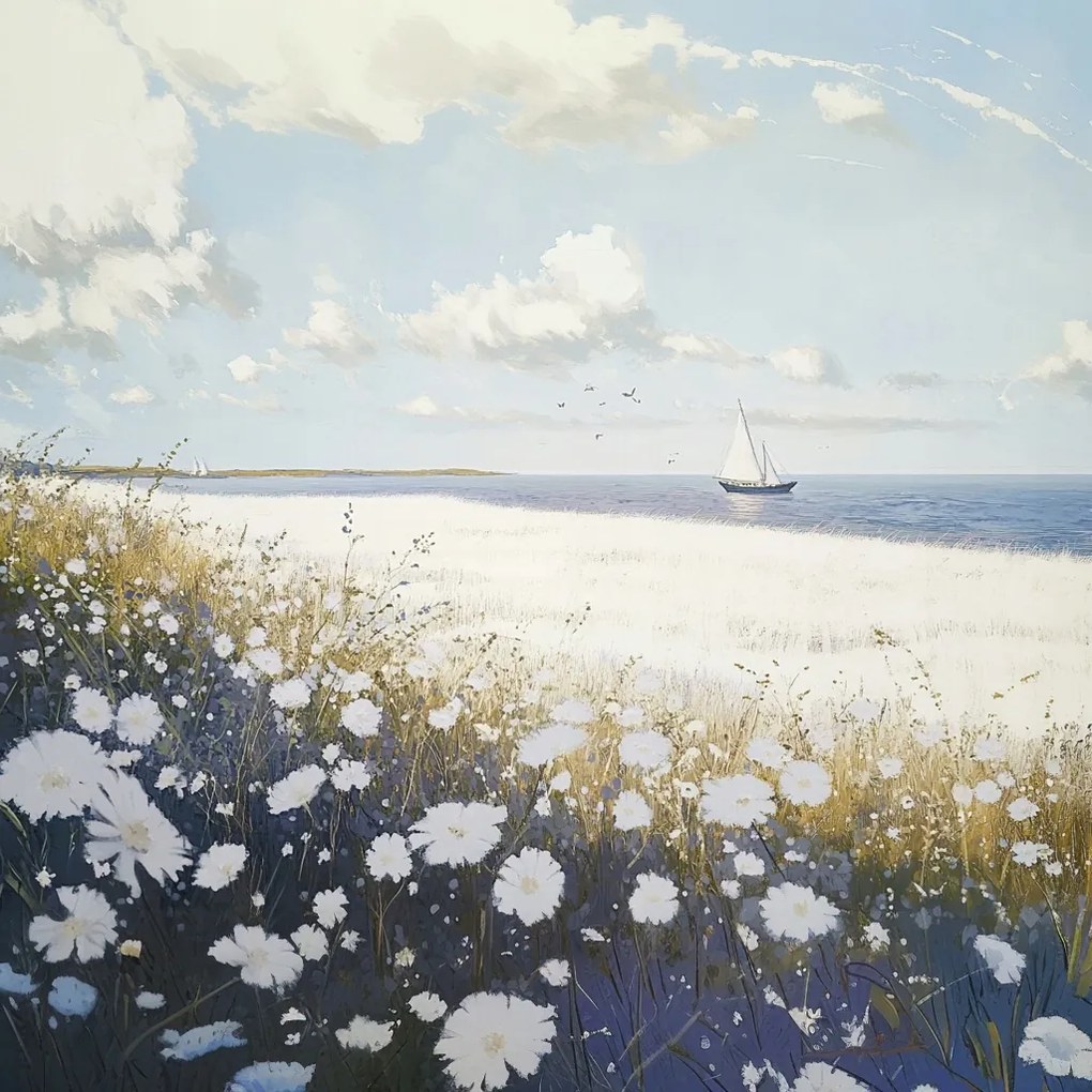 Vászonkép Canvas Tájkép Tengerpart Rét Virágok Tenger Csónak 40x40