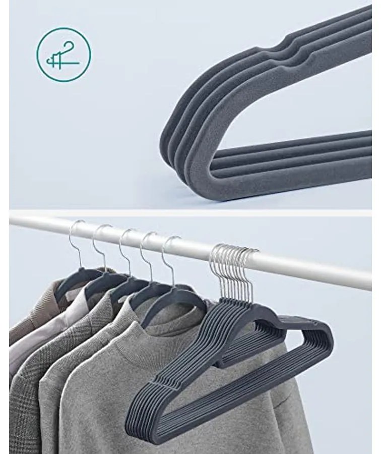 Bársony fogasok, 20 darabos ruhafogas készlet, világosszürke