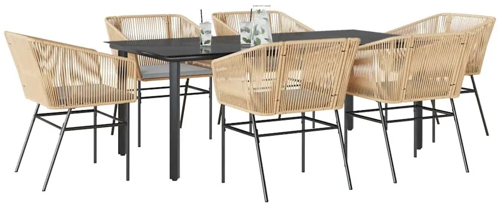 vidaXL 7 észes barna polyrattan üveg kerti étkezőgarnitúra párnával