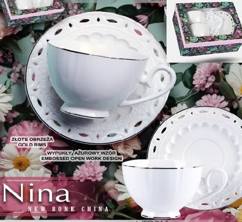 Nina porceláncsésze+alj, 250ml, 2 személyes, dobozban