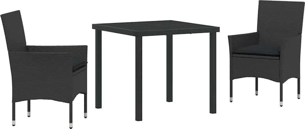 vidaXL Kert étkező szett párnával 3 pcs Fekete polirattan