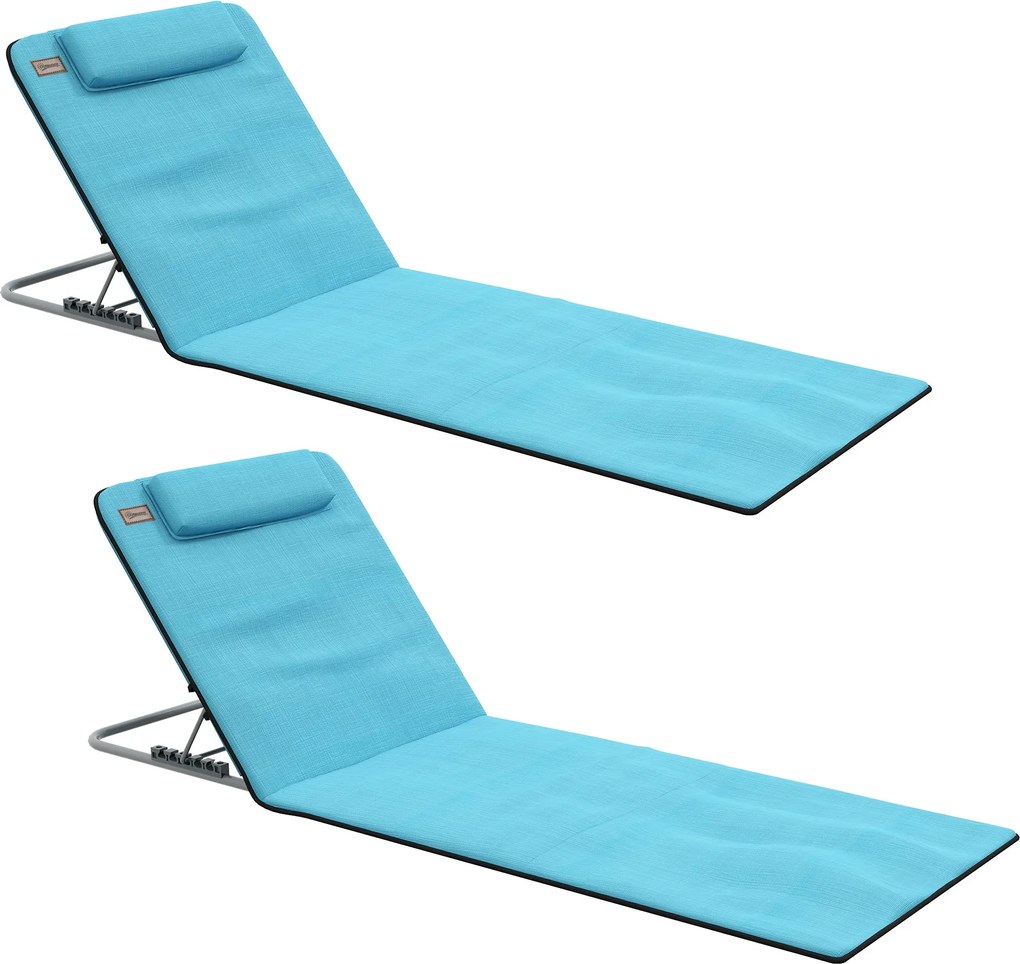Outsunny 2 Db Összecsukható Strandmatrac Fejtámlával és 5 Fokozatú Dönthető Hátfallal, 134x48x33-43 cm, Kék | Aosom