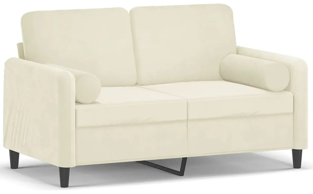 2 személyes krémszínű bársony kanapé díszpárnákkal 120 cm