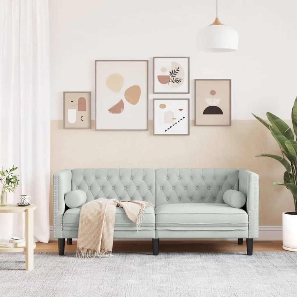 2 személyes világoszöld bársony Chesterfield kanapé párnákkal