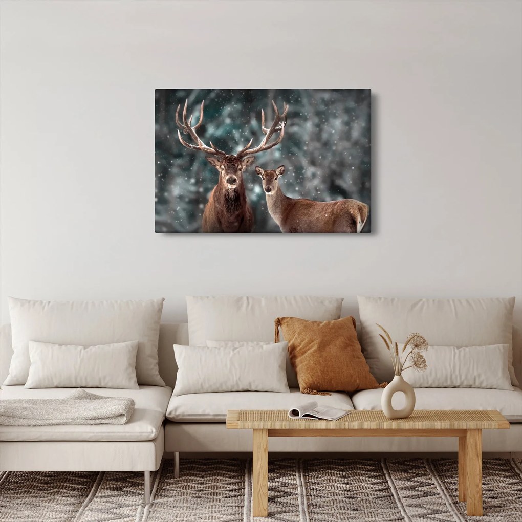 Kép - szarvas és őzike egy havas erdőben (90x60 cm)