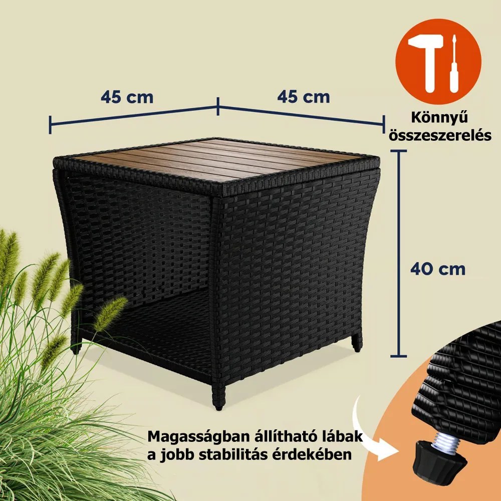 ROCCO polyrattan oldalasztal akácfával, 40x45x45cm, barna/fekete Casaria