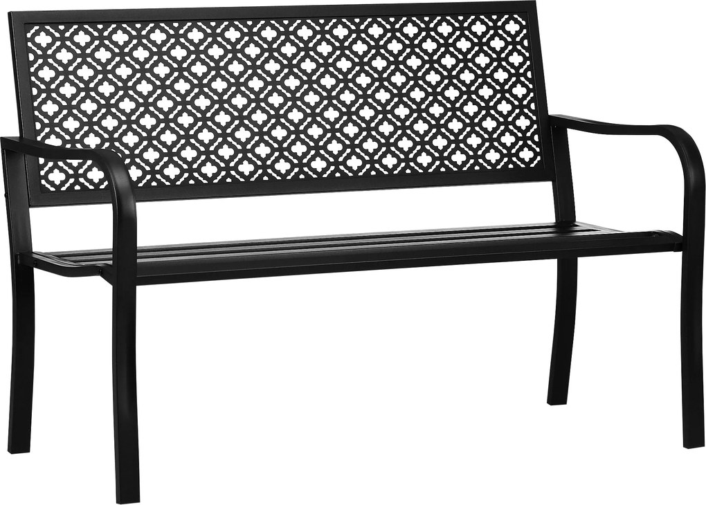 Outsunny Acél Kerti Pad, 2-Személyes Park Pad Hátlappal és Karfával, Virágmintás Pad, Kerthez, Erkélyhez, max. 240 kg, Fekete, 127 x 63 x 83 cm | Aoso