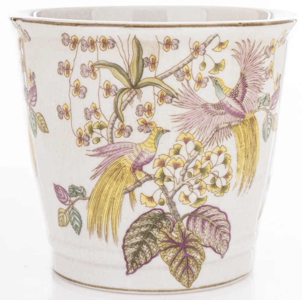 Törtfehér vintage szögletes porcelán 3db-os virágtartó kaspó szett pávákkal festve 12x13,5x13,5 / 16x17,5x17,5 / 21x23x23cm