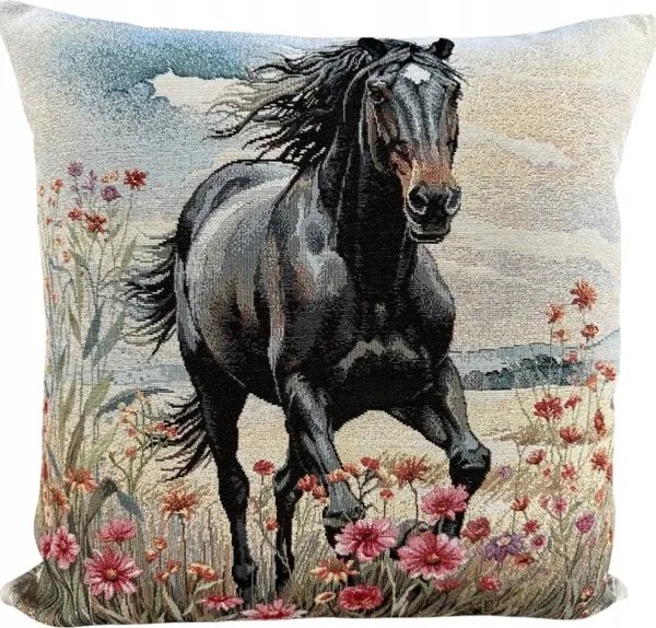 Dekoratív párnahuzat Eden 40x40 cm – fekete ló a réten Chenille