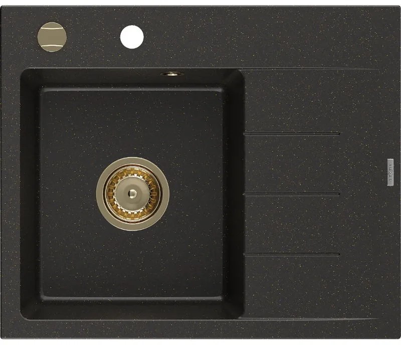 Mexen Ben 1 rekeszes gránit mosogató csepegtetővel, bal, 600 x 500 mm, fekete/arany metál, arany szifonnal - 6522605000-75-G