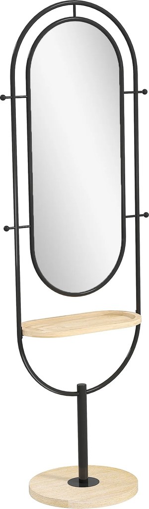 HOMCOM Ovális Szabadon Álló Tükör Fa Polccal, 4 Akasztóval, Fém Kerettel, Hálószobába, Nappaliba és Öltözőbe, 50 x 40 x 175.5 cm, Fekete | Aosom