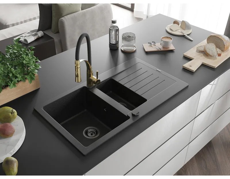 Mexen Matias, gránit mosogató 900x505x200 mm, 1,5 kamrás és Aster mosogató csaptelep, fekete-ezüst metál, 6502-73-73450-57-B