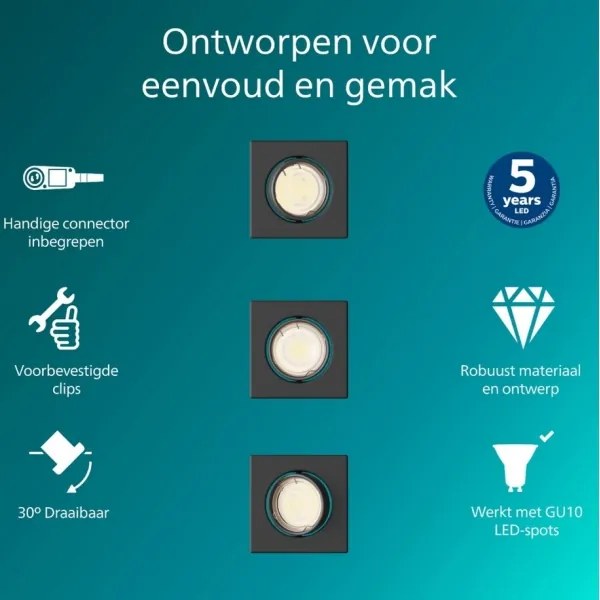Philips - 3 darabos PERIDOT süllyesztett lámpatest készlet, 1x GU10/7W/230V, fekete