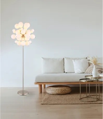 Globo 15633SO Állólámpa fém nikkel matt, fehér színű üveggömbök, fekete PVC kábel, lábpedálos kapcsoló a kábelen, ø: 550mm, M: 1550mm, kábel hossza 1800mm, üveggömbök átmérője: 24 x 6 cm, 24 x 10 cm, 6x E14 25W 230V izzók nélkül