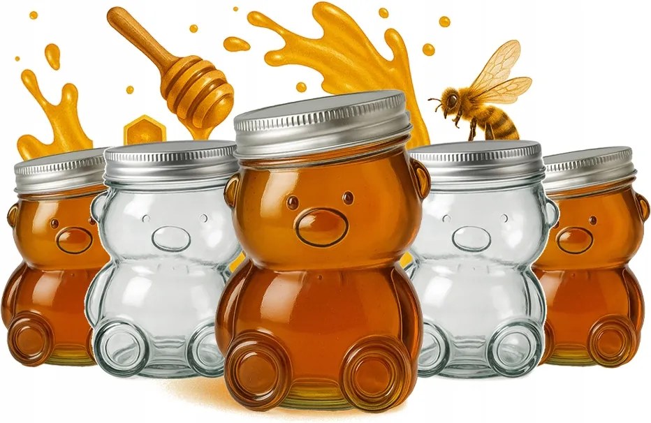 5x Üveg tároló maci 150ml mézes kupakkal lekvár fűszerek mini tégely