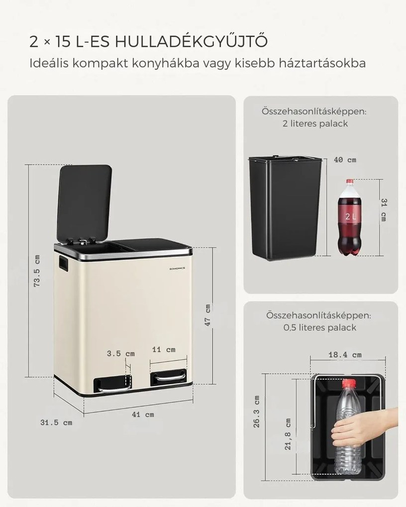SORT hulladékgyűjtő tartály 30l (2×15l), bézs/ezüst/fekete SongmicsHome
