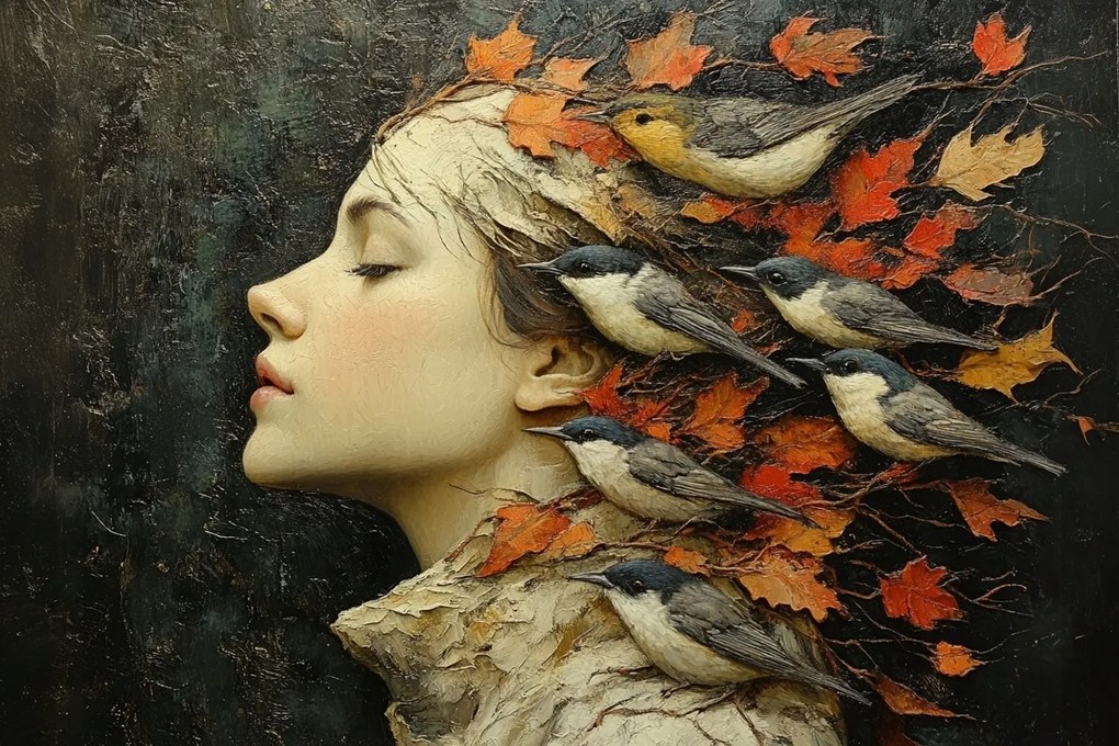 Canvas Vászonkép Portré Profil Nő Levelek Madarak Ősz 60x40