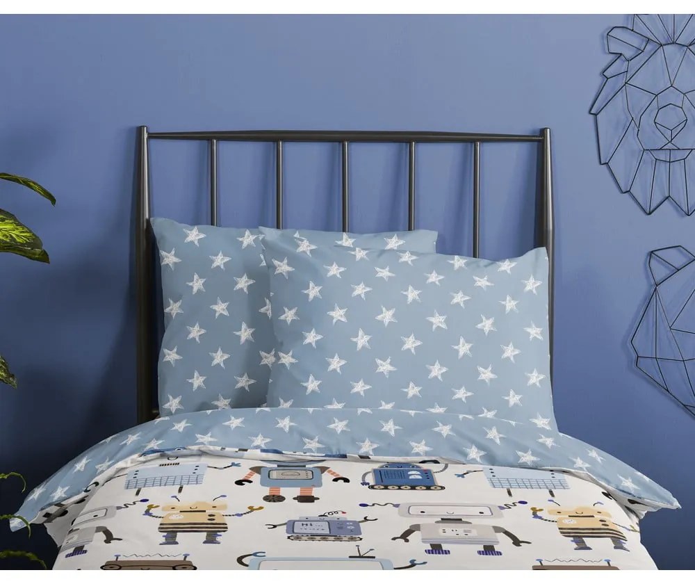 Kék-bézs egyszemélyes pamut gyerek ágyneműhuzat 140x200 cm Robo – Good Morning