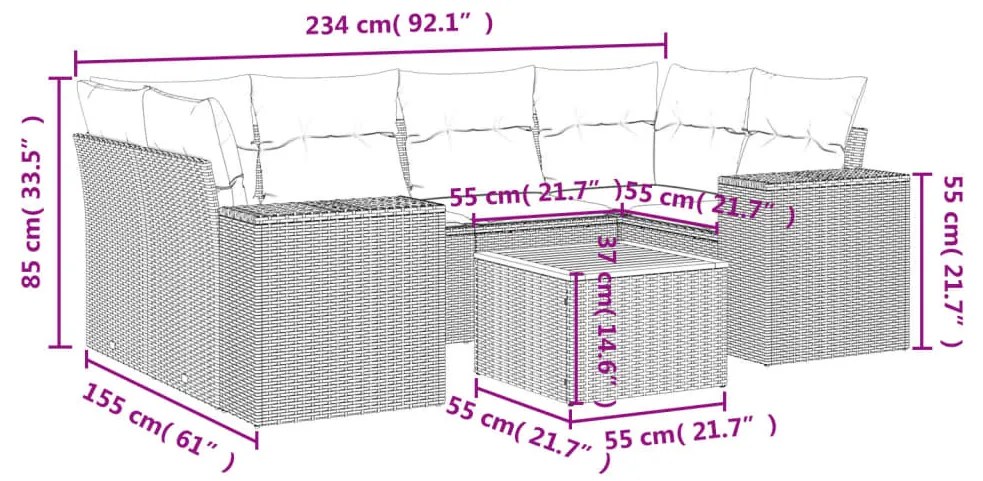 7 részes fekete polyrattan kerti ülőgarnitúra párnával