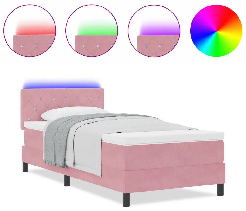 Boxspring Ágy Matrac és LED Rózsaszín 90x190 cm Bársony