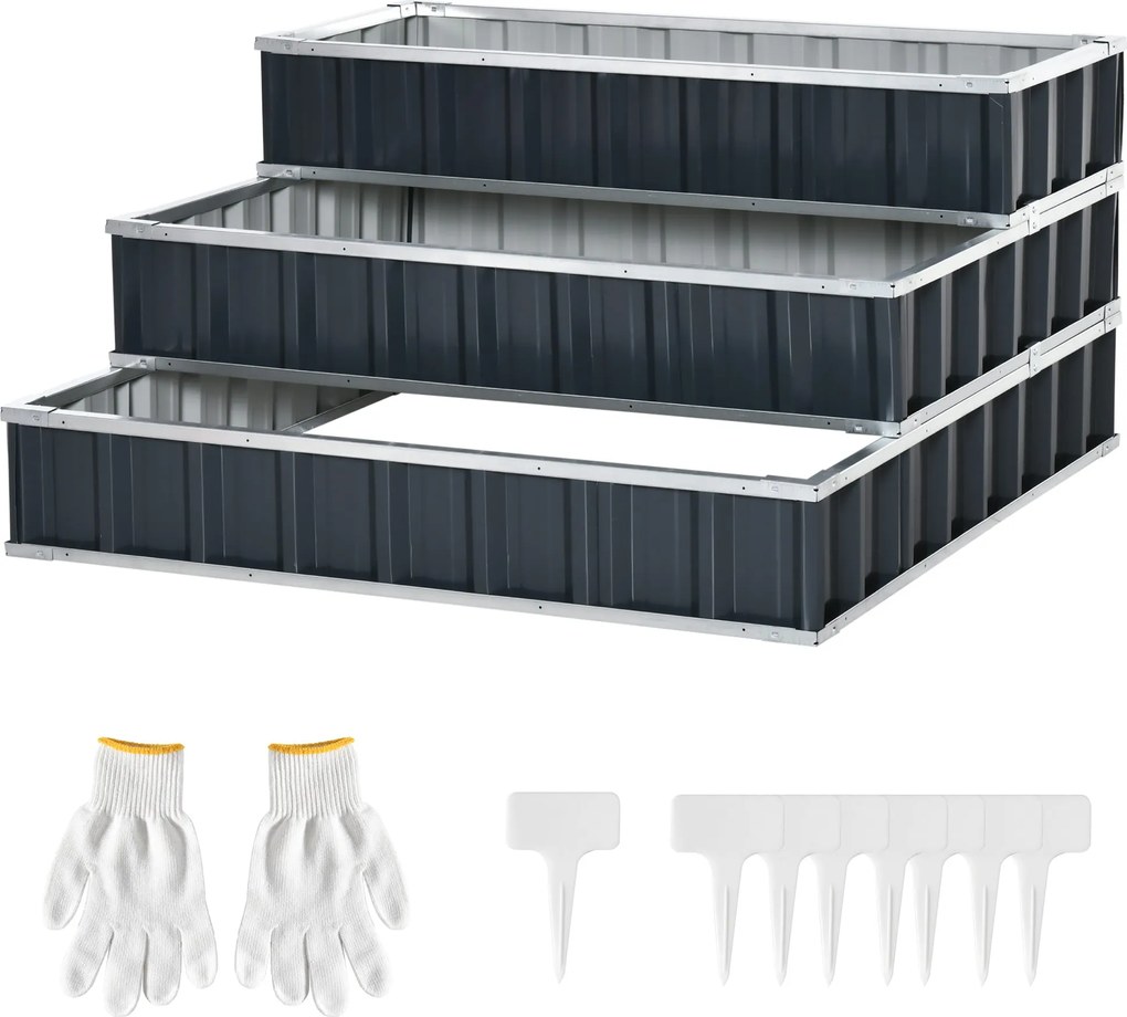 Outsunny Acél Magaságyás 3-Szintes Kertészeti Ágy T-Formájú Növényjelölőkkel és Kertészkesztyűkkel Balkon Kerthez Sötétszürke 118 x 118 x 62 cm | Aoso