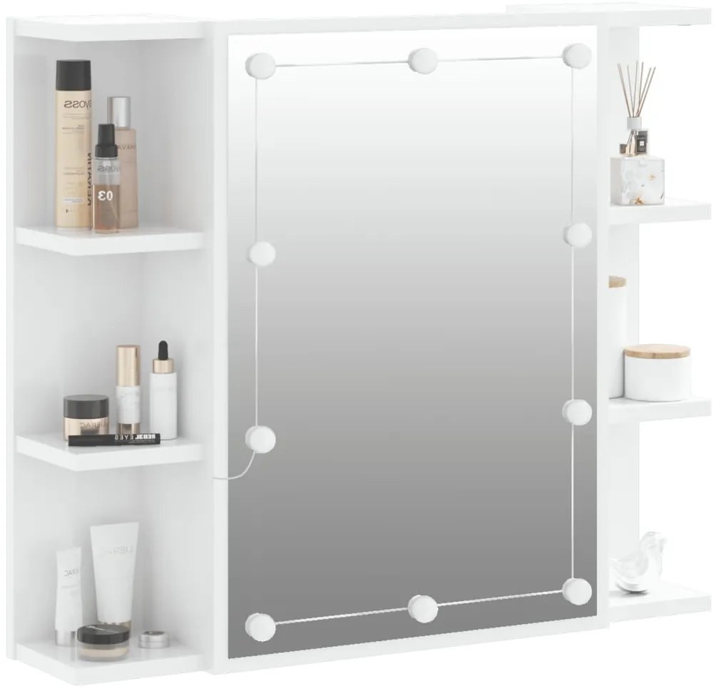 magasfényű fehér tükrös szekrény LED-ekkel 70 x 16,5 x 60 cm
