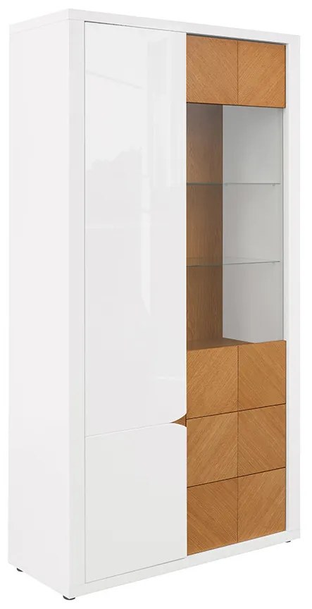 Vitrin Rovika REG1D1W2S (fehér fényes + natúr tölgy) (LED világítással). 1025976