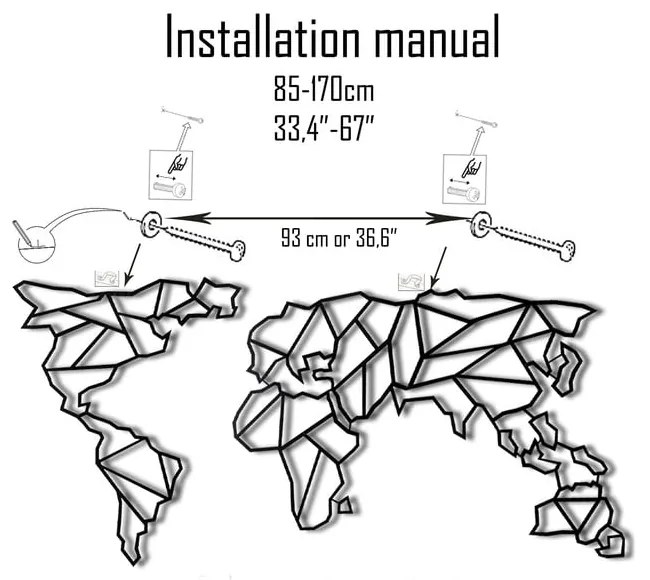 Map Of The World Clear fém fali dekoráció, 85 x 170 cm