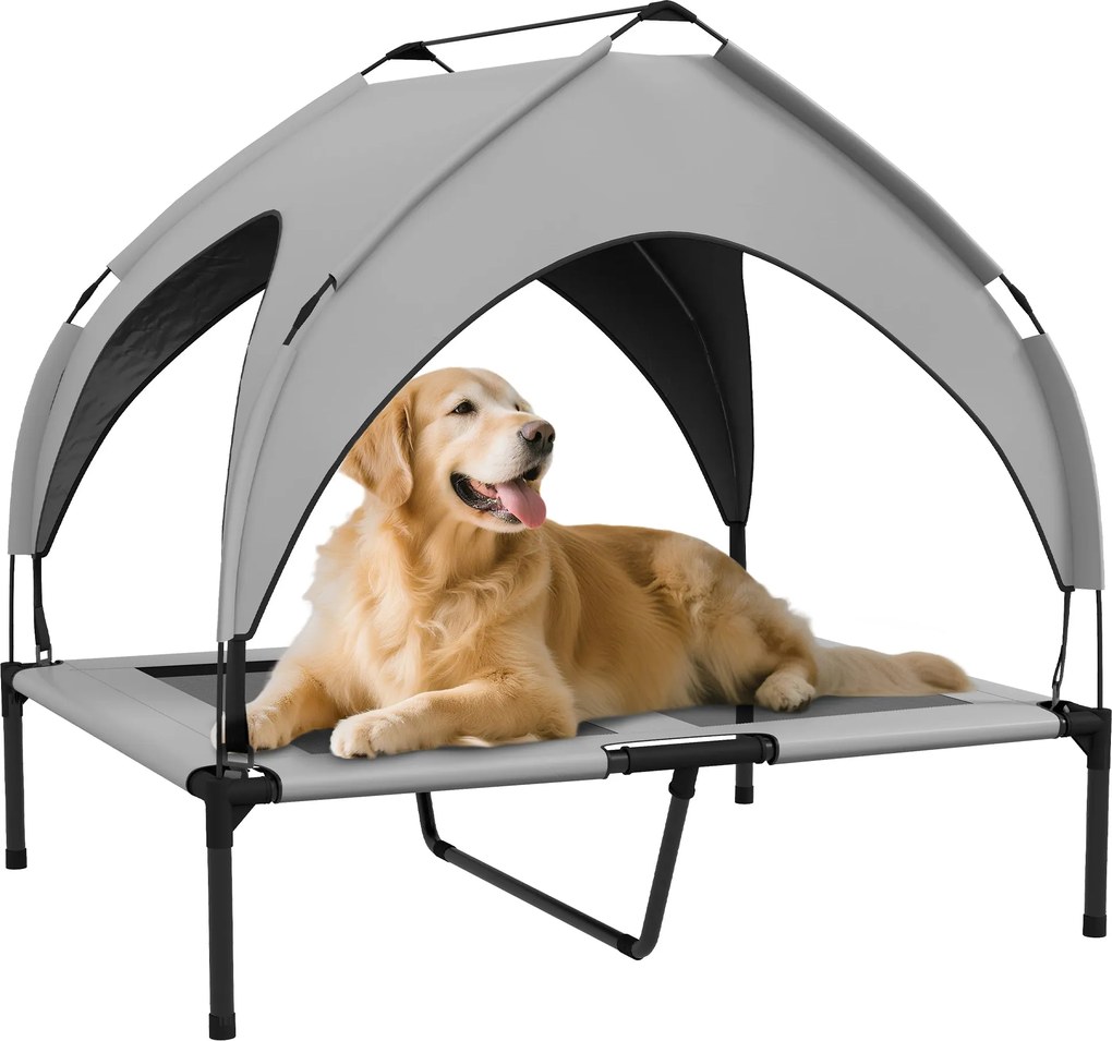 PawHut Magasított Kutyaágy Napernyővel, Kutyafekhely, Kültéri Kutyafotel Tetővel, Lélegző, Nagy Kutyák Számára, Világosszürke Oxford 91 x 76 x 89 cm |