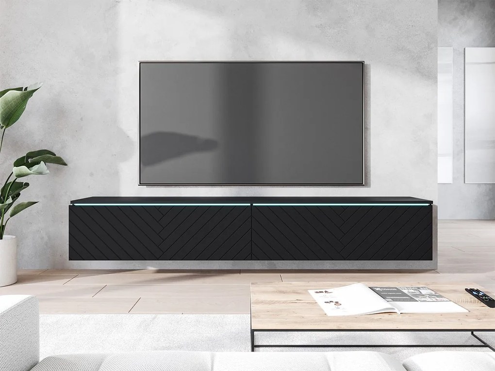 TV szekrény Dlana 180 MDF (fekete grafit + halcsont fekete) (fehér LED világítás). 1106209