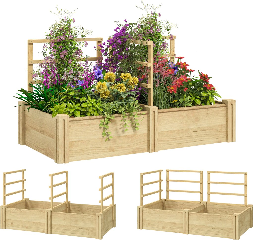 Outsunny Magasított Kerti Ágy 3 Támasszal, Nyitott Aljjal és 2 Virágtartóval, Fából Készült Mini Kert Támasszal Mászó Növényekhez, Erkélyre, 119x62,5x