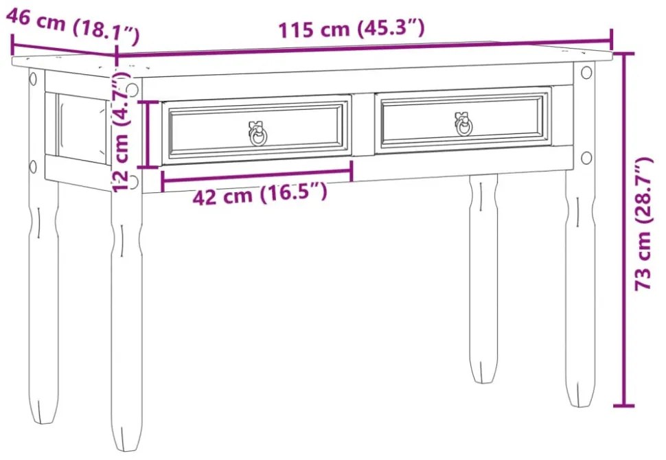 Corona tömör fenyőfa konzolasztal 115 x 46 x 73 cm