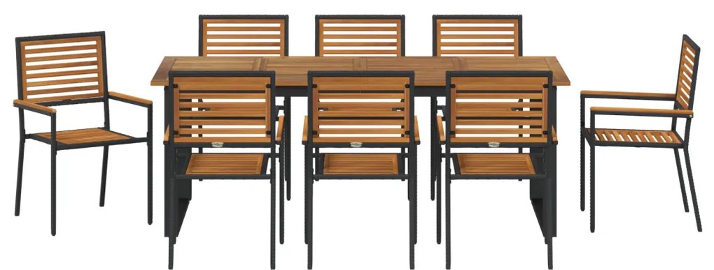 9 darabos kerti étkező szett fekete poli rattan akác, Egymásra rakható kerti székek párnákkal 2 db fekete poli rattan