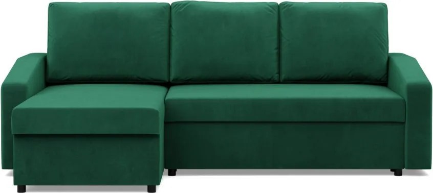 Zeus sarokkanapé, 2 ágyneműtartóval, döntött kartámasz, bársony, univerzális oldal, hab töltet, zöld