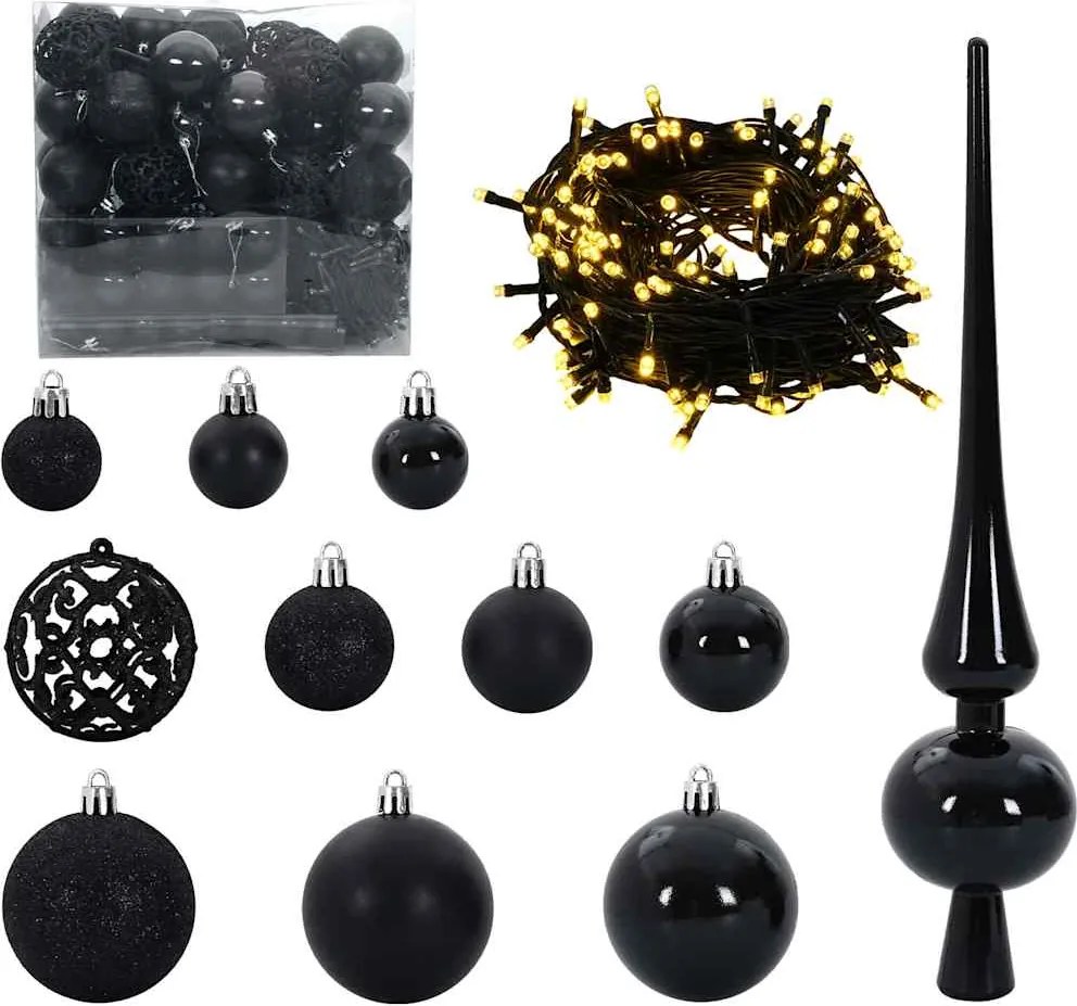 vidaXL Karácsonyi Díszgömb Készlet 300 LED-del 120 pcs Fekete Műanyag