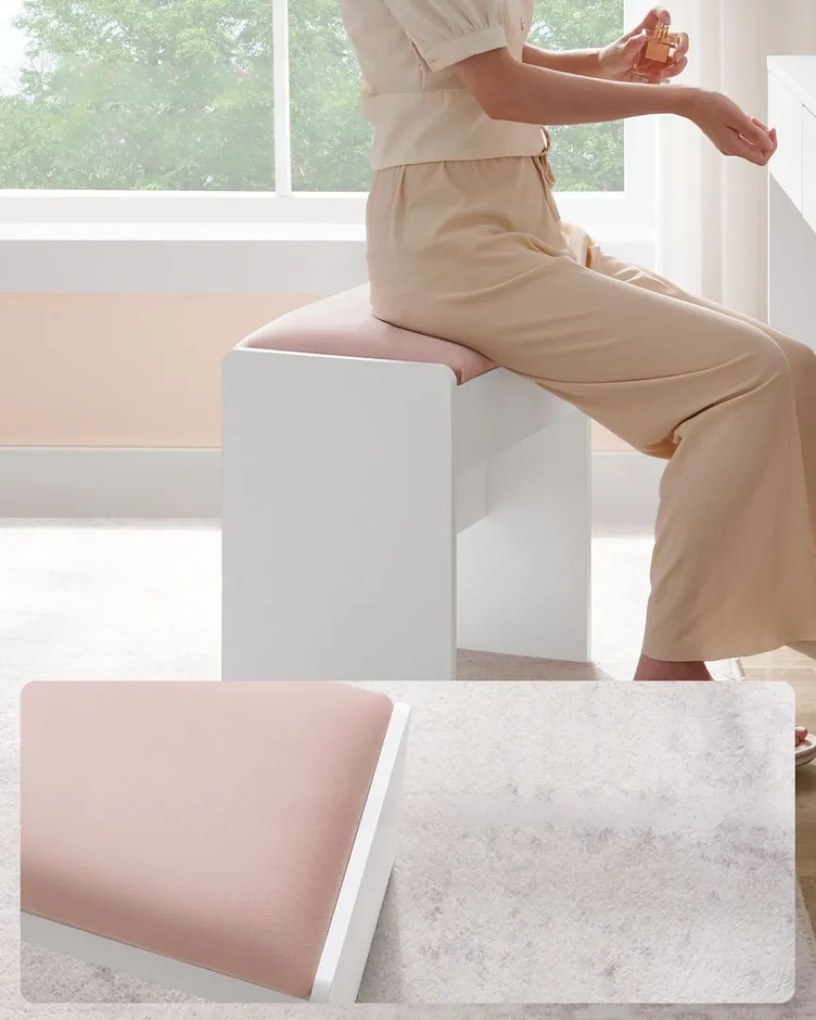 VELVET kárpitozott taburet/szék sminkasztalhoz, 45×45×28,6 cm, fehér/rózsaszín Vasagle