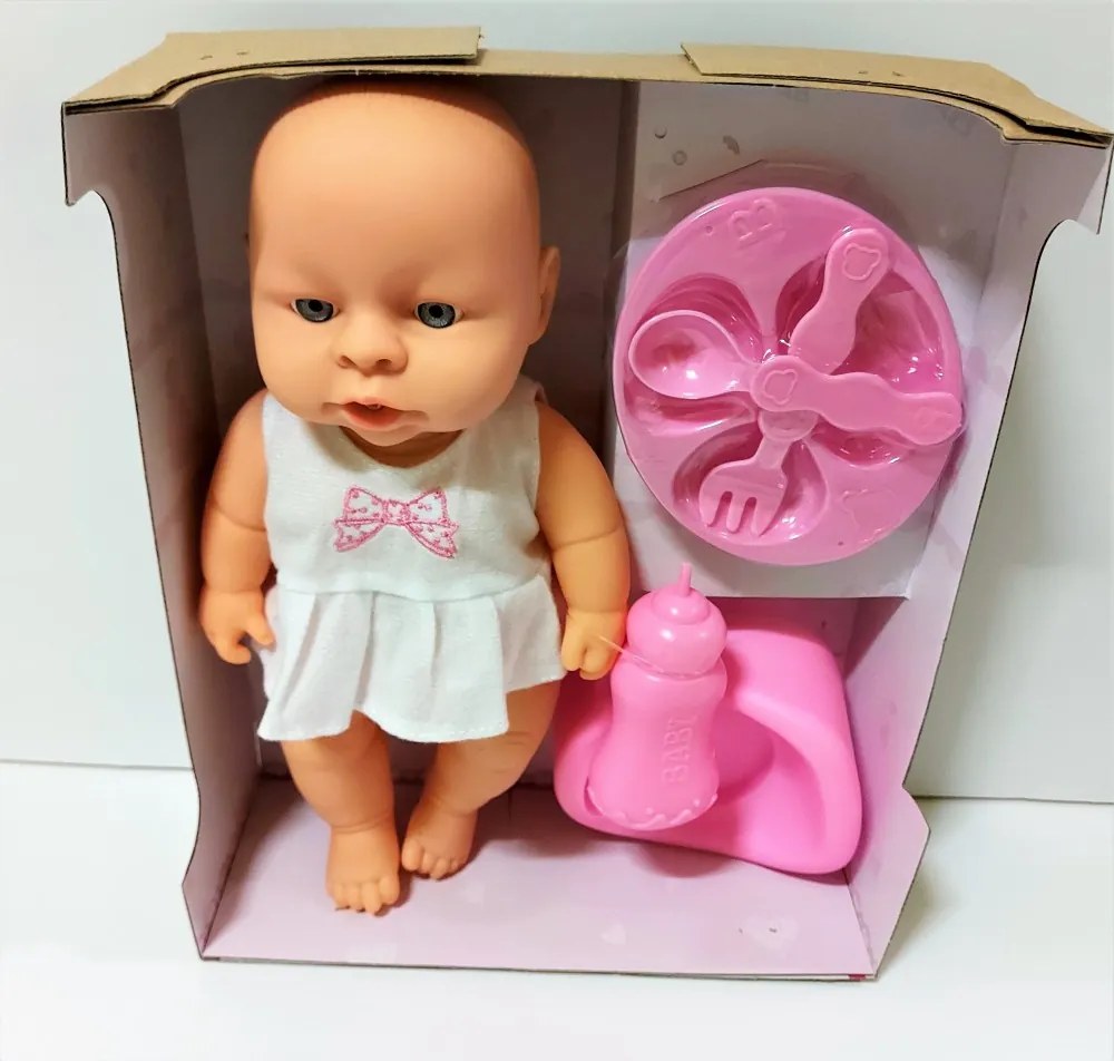 Gügyögő Nevető Síró Pisilő Élethű Játék Baba Étkészlettel, és Bilivel 28 Cm