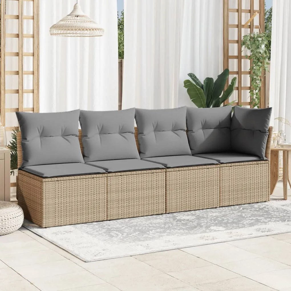 4 személyes bézs polyrattan kerti kanapé párnával