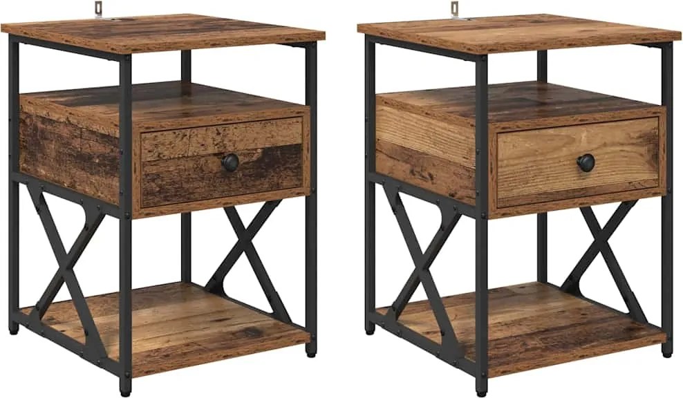vidaXL Éjjeliszekrény fiókkal 2 pcs Öreg fa 40 x 42 x 55 cm Faanyag