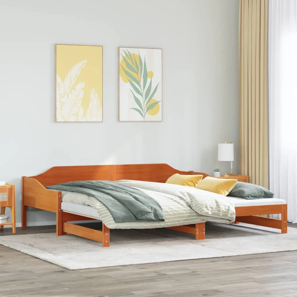 viaszbarna tömör fenyőfa kihúzható kanapéágy 90 x 200 cm