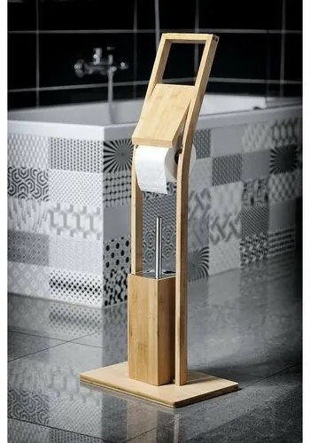 AQUALINE BI026 Bambusz állvány WC-papír és WC-kefetartóval, szögletes, négyzet alakú