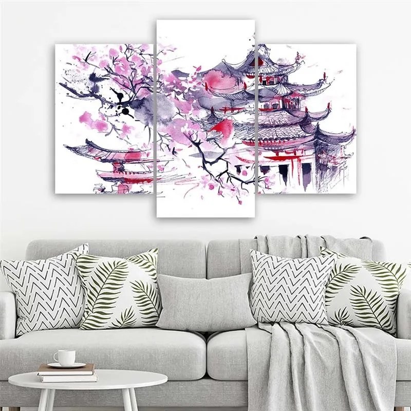 Gario Vászonkép Japán pagoda és cseresznyevirág - 3 részes Méret: 120 x 80 cm