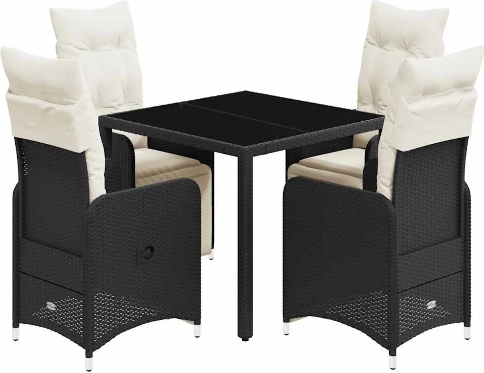 vidaXL 5 részes fekete polyrattan kerti bisztrógarnitúra párnákkal