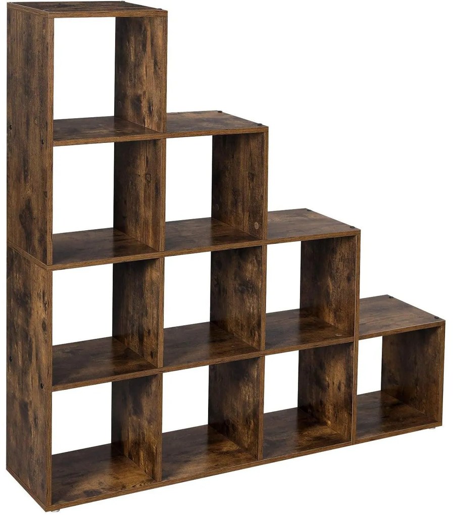 Könyvespolc, 10 kockás tároló, 129,5 x 29 x 129,5 cm, rusztikus barna